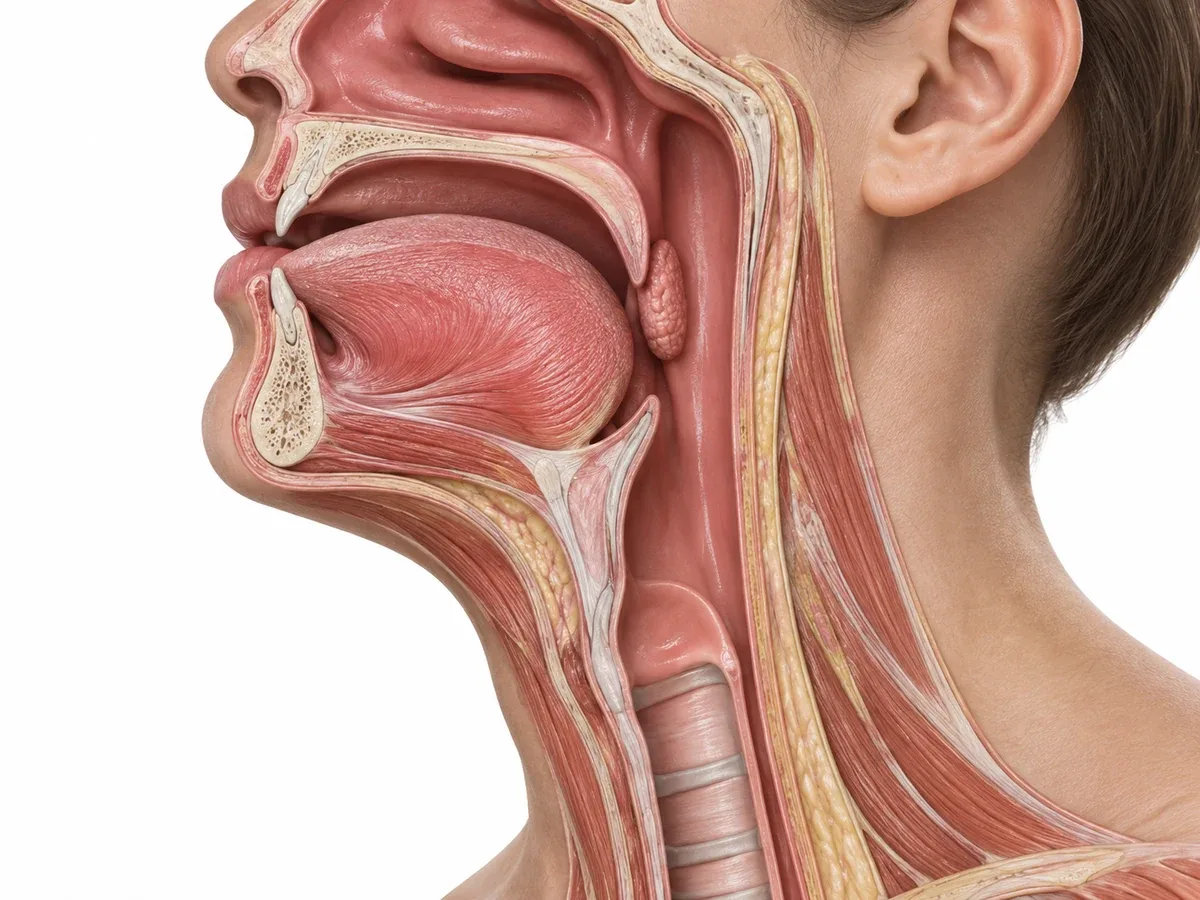 Side cross-section of the head and neck showing the open airway from the nose and mouth to the throat, with the tongue, tonsils, lower jaw, neck thickness and head tilt angle — Reset Dental Clinic