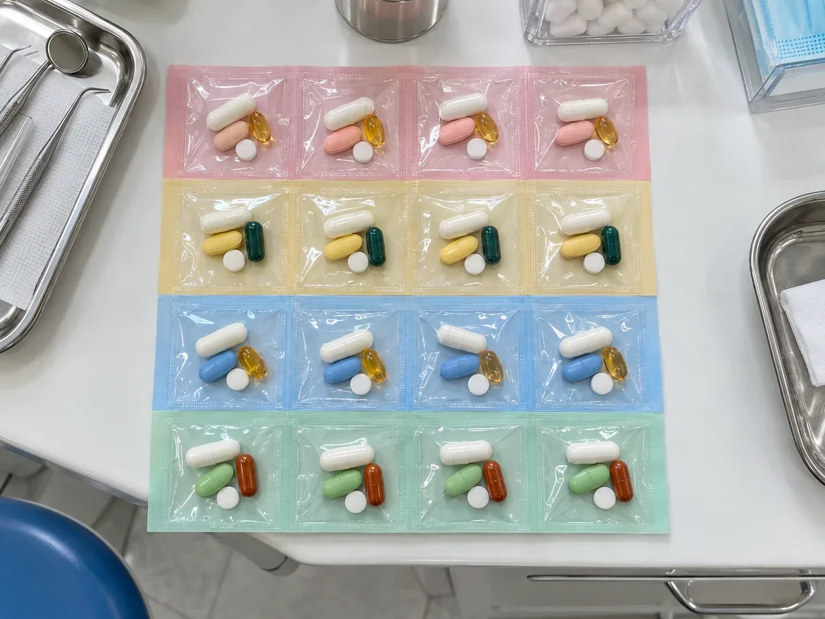수술 뒤 먹는 약이 날짜와 끼니별로 나뉘어 담긴 약 포장을 위에서 내려다보며 찍은 사진 — 리셋치과의원