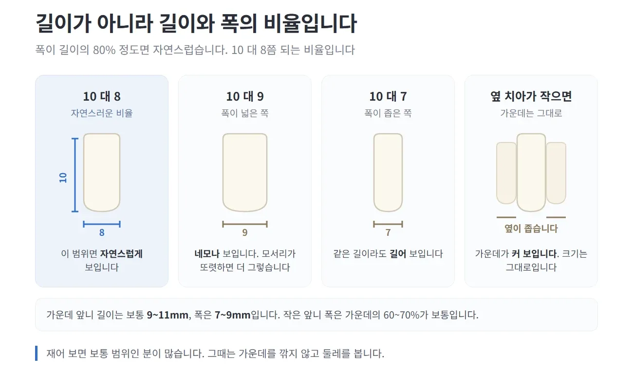 가운데 앞니의 길이와 폭 비율을 10 대 8·9·7로 비교하고 옆 치아가 작은 경우를 함께 보여 주는 그림 — 리셋치과의원