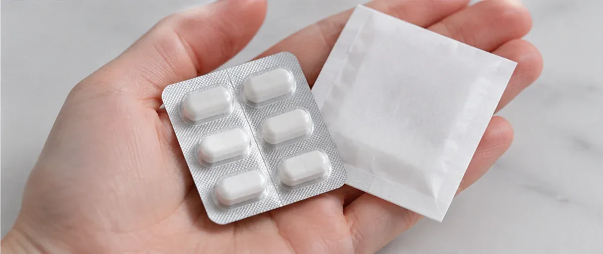 손바닥 위에 알약 포장과 약 봉투를 올려놓고 확인하는 모습 — 리셋치과의원