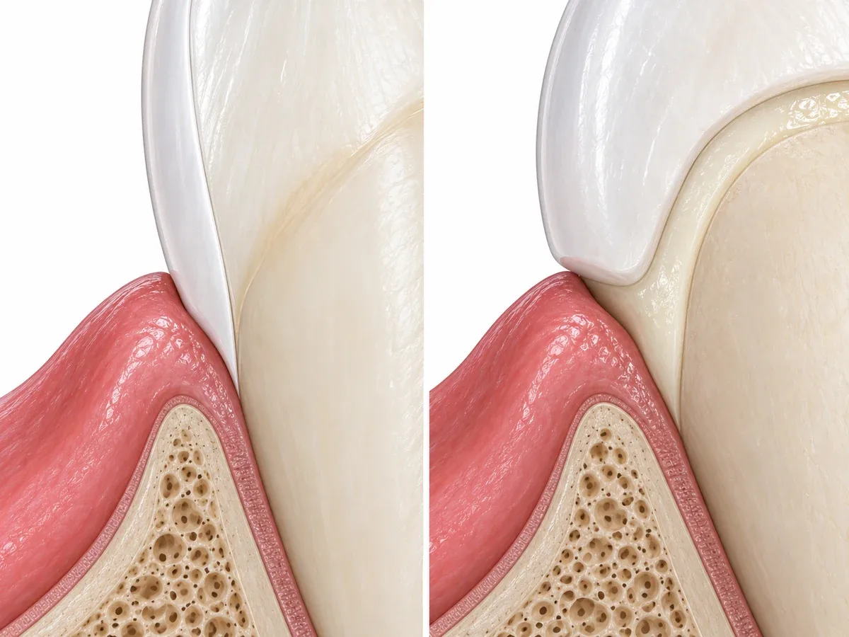 Close-up side cross-sections near the gum line of an upper front tooth. On the left, a very thin clear layer covers the tooth's outer shell, joined by a bonding layer thinner than a hair so the boundary is almost invisible. On the right, a cloudy, opaque layer of clear thickness fills the space between a deeply shaped tooth core and a thick shell, so three layers are easy to tell apart.