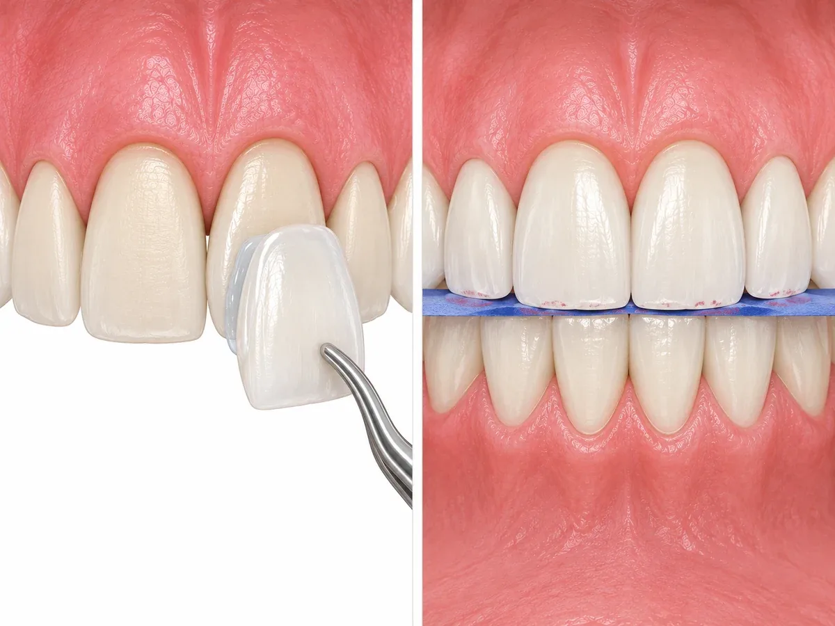 Two rows showing upper front teeth from the side: on top, a thin clear shell held by tweezers settling onto a prepared tooth; below, the bonded teeth biting together with a thin strip of colored paper between them to check contact — Reset Dental Clinic