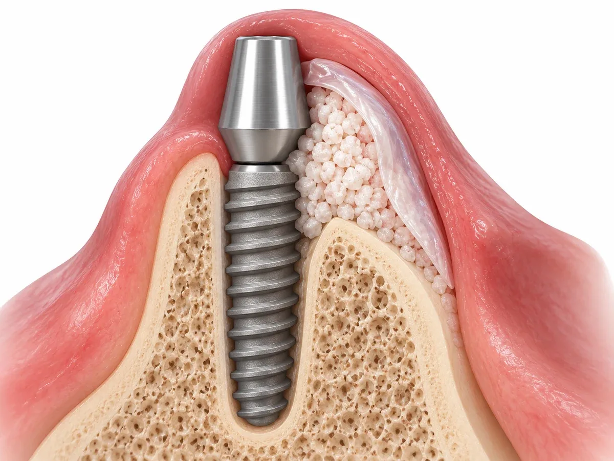 Missing width is filled with graft material and a membrane.