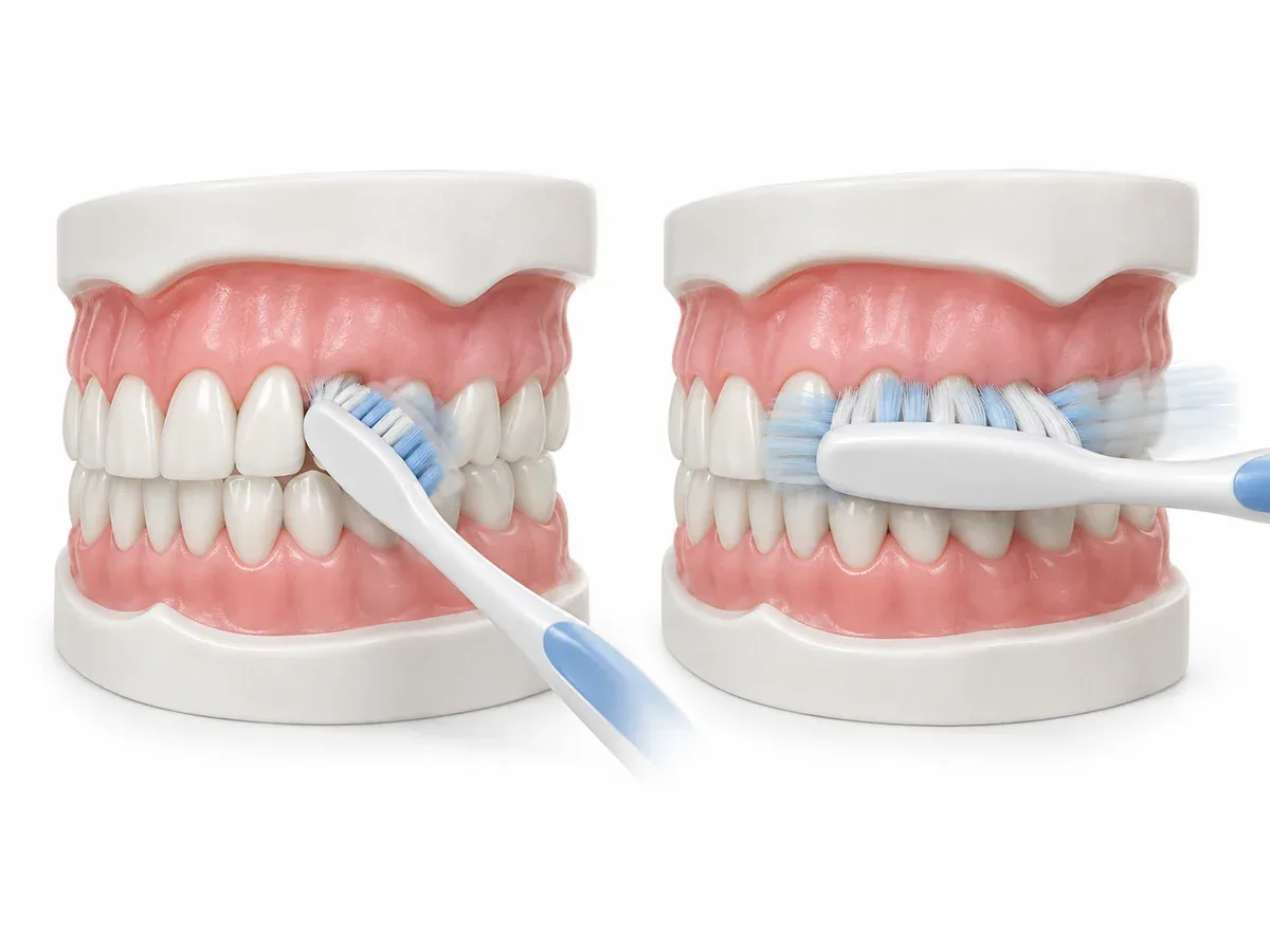 A model of the teeth comparing short, gentle strokes with a soft brush and hard side-to-side scrubbing — Reset Dental Clinic