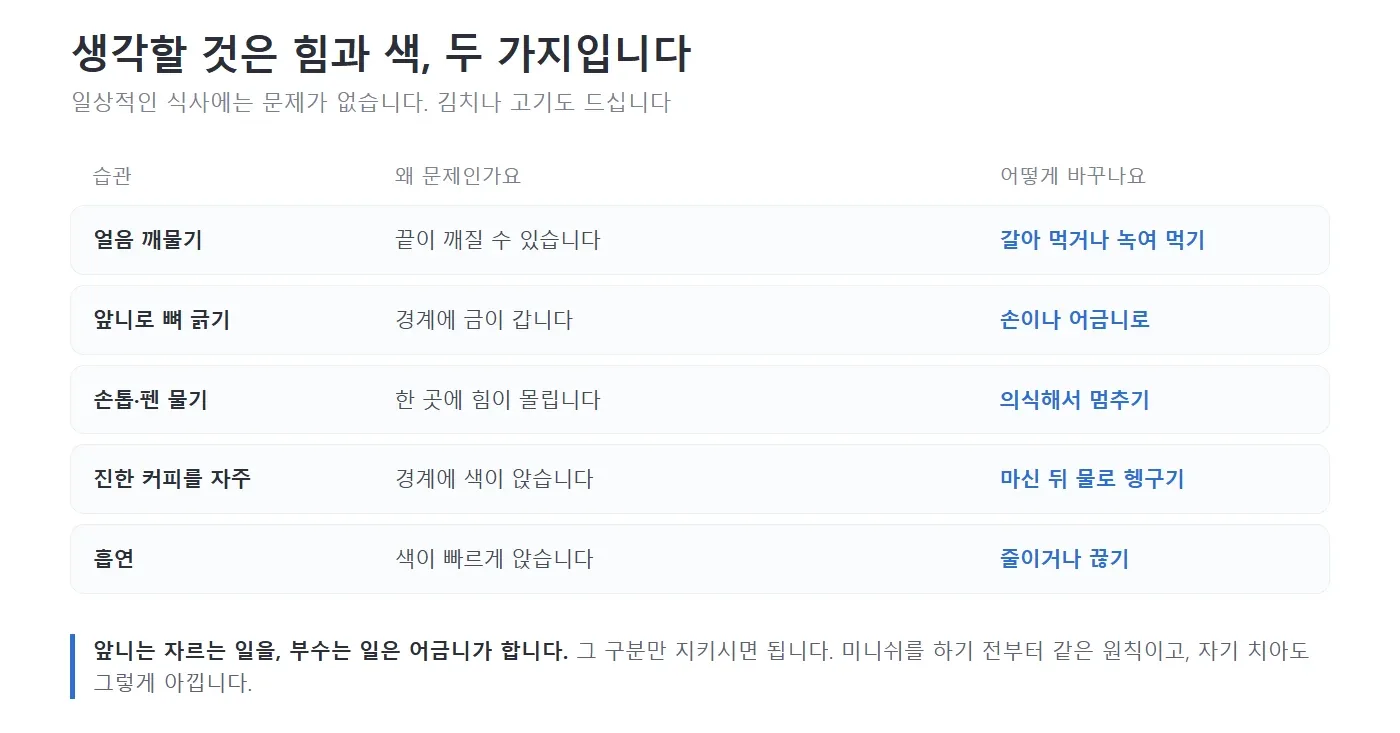 미니쉬를 오래 쓰기 위해 바꿀 습관을 표로 정리한 그림. 얼음 깨물기, 앞니로 뼈 긁기, 손톱과 펜 물기, 진한 커피를 자주 마시기, 흡연을 적고 각각 왜 문제이며 어떻게 바꾸는지 나란히 적어 놓은 모습 — 리셋치과의원