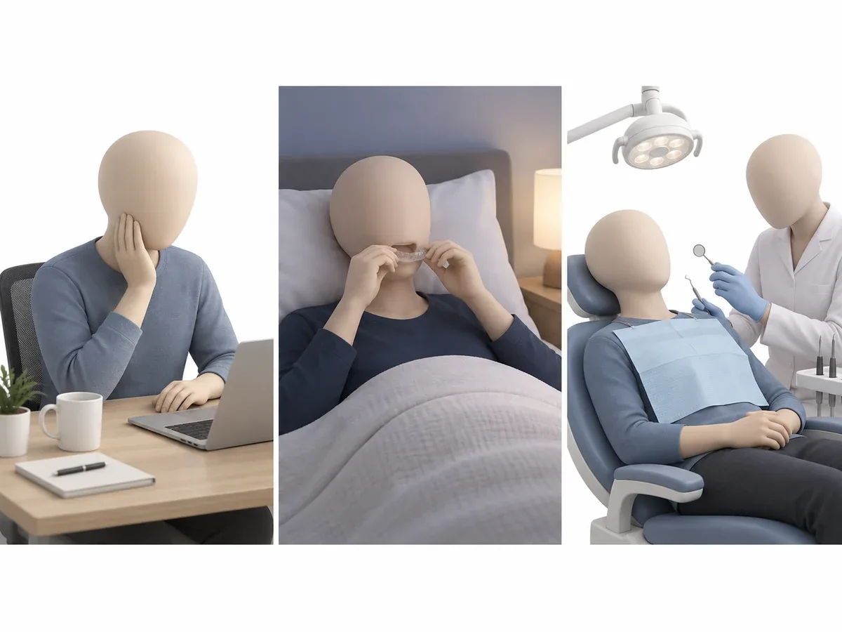 Three panels showing the order of care: noticing a clenching habit, wearing a splint at night and getting regular check-ups at the dentist — Reset Dental Clinic