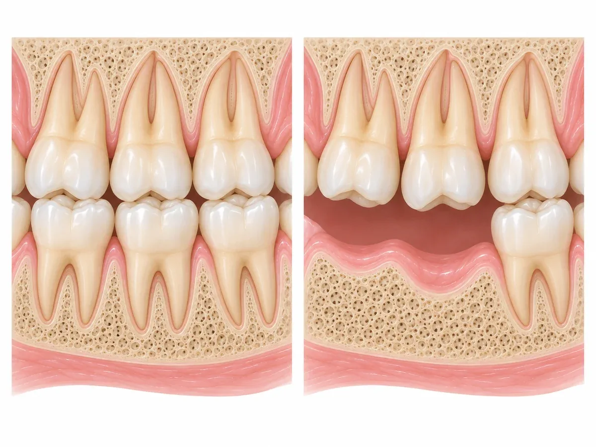 Front view of upper and lower molars: on the left, three pairs meeting fully; on the right, two lower molars missing so two upper molars have no partner — Reset Dental Clinic