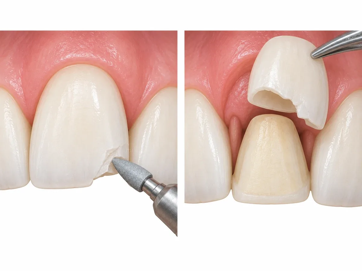 Side cross-sections of an upper front tooth in two rows. Top row: a small piece chips off the lower edge of a very thin shell, and then the edge is smoothed while the shell stays bonded. Bottom row: a piece breaks off a thick shell wrapping the whole tooth, exposing a different layer inside, and then the whole shell is removed, leaving a thin, deeply shaped core above the gum.