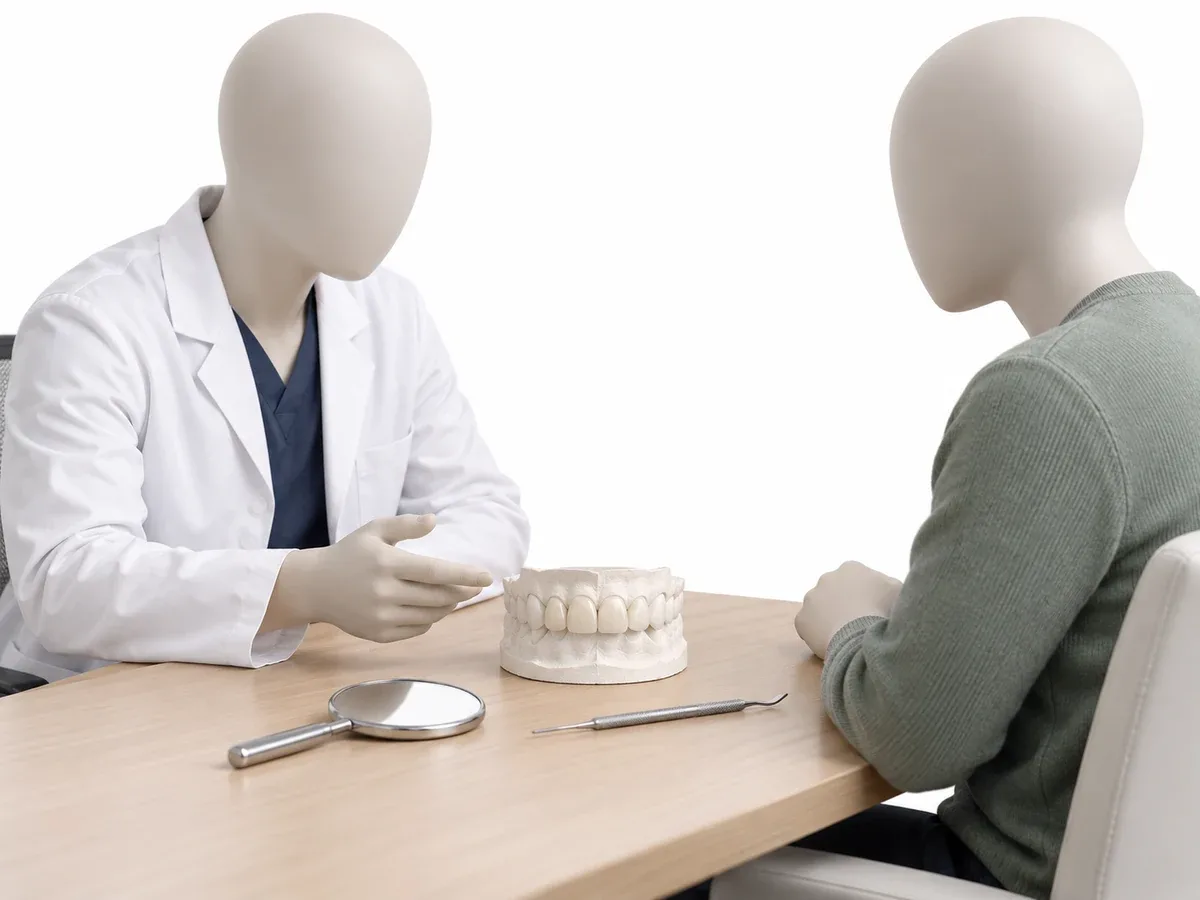 A dental model on a desk with wax added to six upper front teeth to preview the new shape, a carving tool and small mirror beside it, and a patient and dentist looking at the model together — Reset Dental Clinic