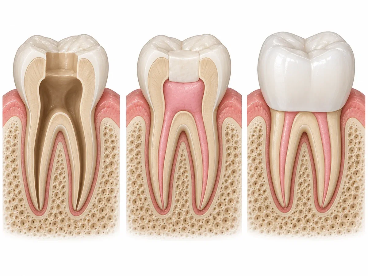 Three cross-sections of a lower molar. First, a deep hole in the biting surface exposes the long nerve space inside. Second, the nerve space is filled to the root tip and the hole is sealed, but the two outer walls are thin and fragile. Third, the thin walls are shaped evenly and the whole visible tooth is wrapped by a shell down to the gum line, restoring cusps and grooves.