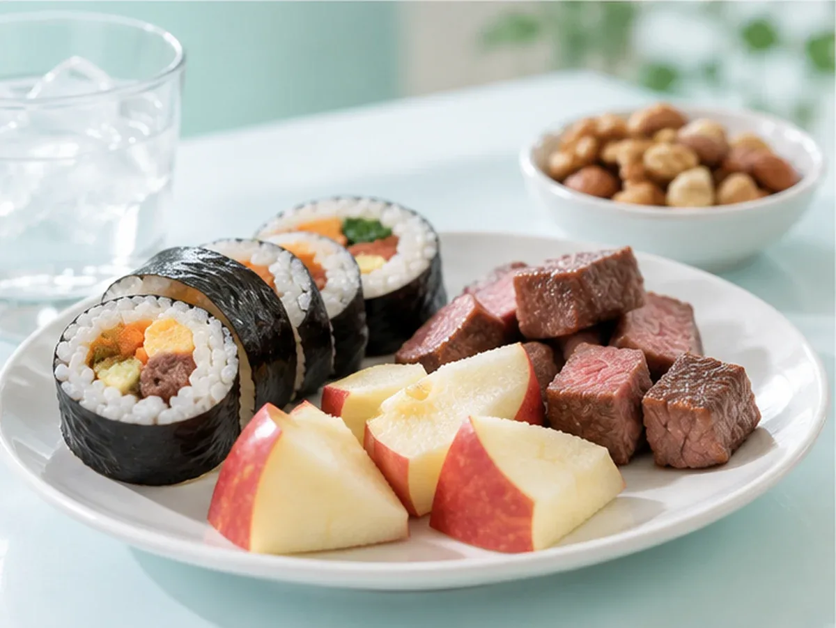 접시 위에 김밥과 고기, 사과를 한입 크기로 작게 잘라 담아 둔 식탁 정물을 가까이 찍은 사진 — 리셋치과의원