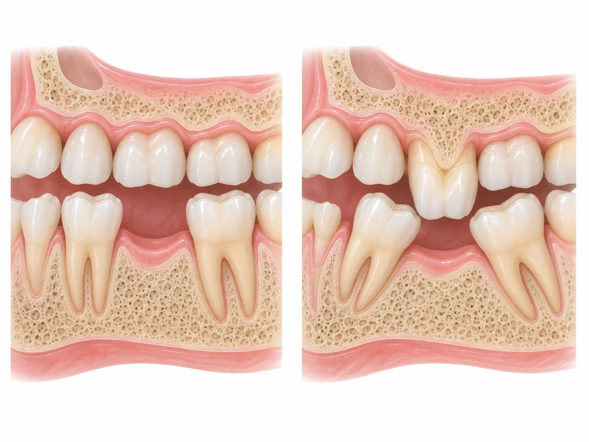 Side view of upper and lower molars: on the left, right after a lower molar is lost; on the right, later, with neighbors tilted into the gap and the upper molar dropped below the others — Reset Dental Clinic
