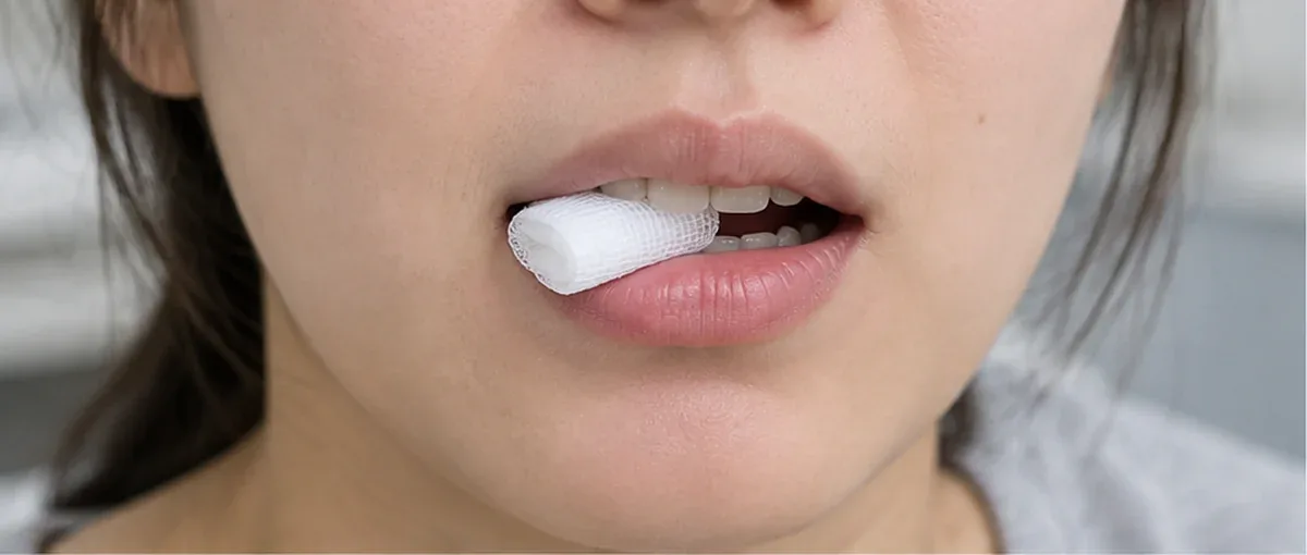 치과에서 받은 거즈를 한쪽으로 물고 있는 모습 — 리셋치과의원