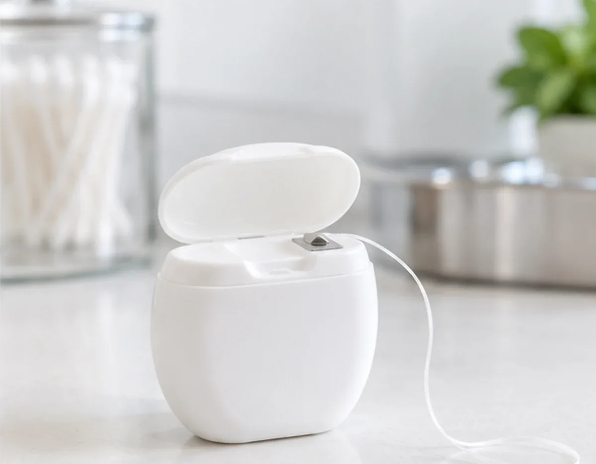 밝은 상판 위에 치실 한 통이 놓인 모습 — 리셋치과의원