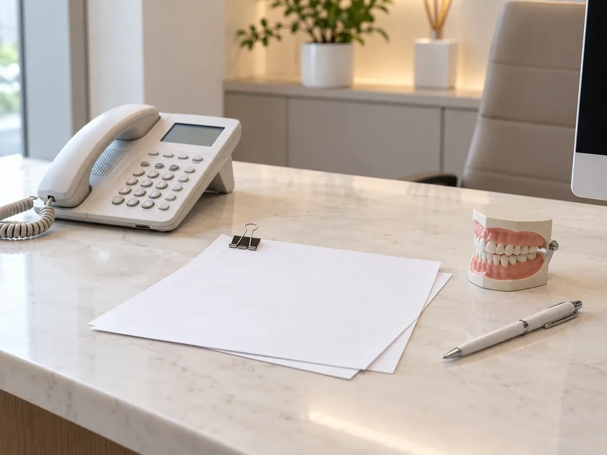 A phone, papers and a small tooth model on a bright consultation desk — Reset Dental Clinic