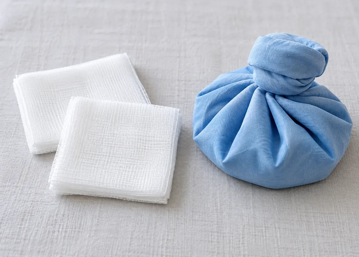 Two folded white gauze pads and an ice pack wrapped in blue cloth on light grey fabric — Reset Dental Clinic