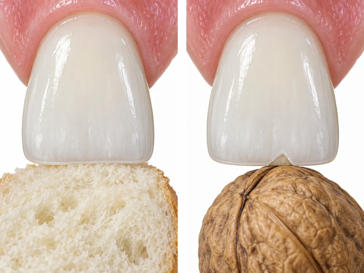 Two close-up views of a front tooth with a veneer. On the left soft bread presses across the surface and the force spreads out; on the right a hard walnut presses on one point at the edge and a small chip breaks off.