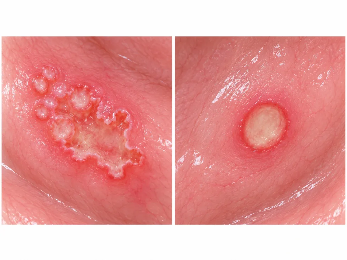 입안 점막의 같은 넓이를 왼쪽과 오른쪽 두 칸에 나란히 놓고 위에서 내려다본 비교 그림. 왼쪽 칸에는 아주 작은 물집 여러 개가 한 자리에 무리 지어 모여 있고 그중 일부가 터져 가장자리가 들쭉날쭉하게 서로 이어붙은 얕고 불규칙한 모양의 상처를 이루고 있는 모습, 오른쪽 칸에는 또렷한 원 하나가 홀로 떨어져 있고 테두리가 매끄럽게 둥글며 가운데가 균일하게 파여 있는 모습 — 리셋치과의원