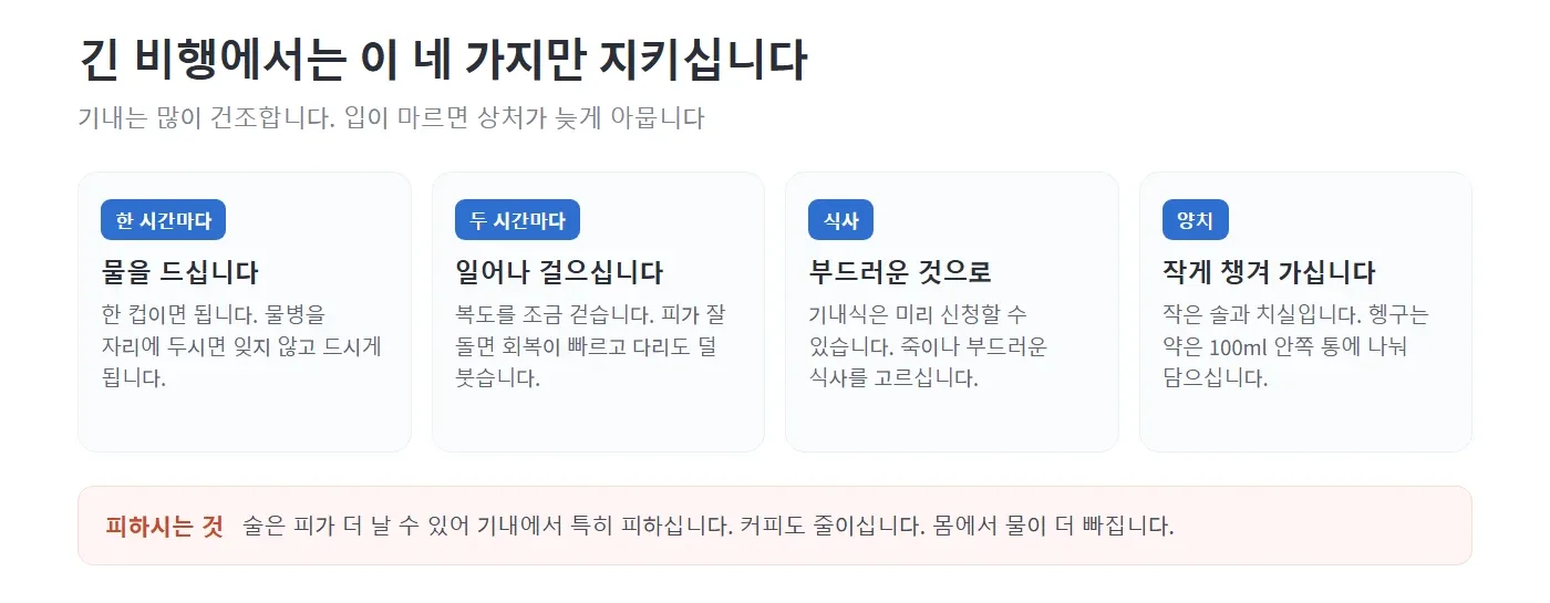 긴 비행에서 지킬 네 가지를 네모 칸에 나누어 적어 놓은 그림. 한 시간마다 물 한 컵, 두 시간마다 일어나 걷기, 부드러운 기내식 미리 신청하기, 작은 솔과 치실 챙기기를 각각 설명하고 아래에 술과 커피는 피한다고 적어 놓은 모습 — 리셋치과의원