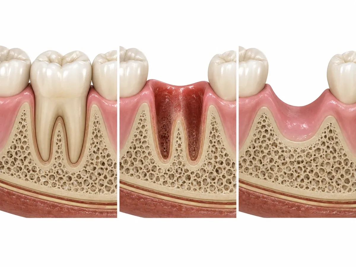 Three cross-sections of a lower molar site: a root firmly in wide bone, an empty socket after extraction, and later a lower, narrower ridge of bone — Reset Dental Clinic