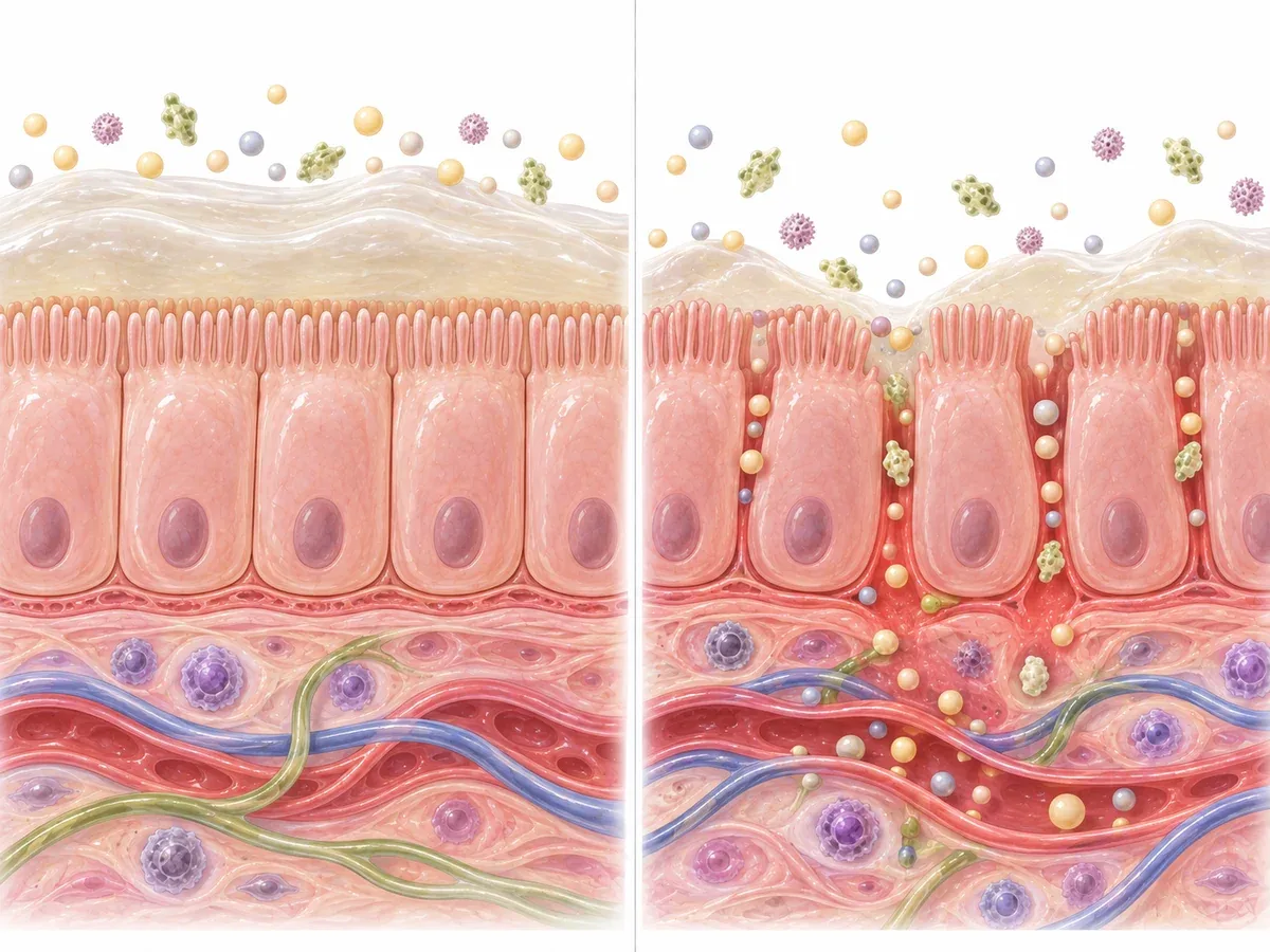 장 점막을 아주 크게 확대해 세로로 자른 단면을 왼쪽과 오른쪽 두 칸에 나란히 그려 비교한 그림. 왼쪽 칸은 벽돌처럼 생긴 세포들이 서로 빈틈없이 맞붙어 한 줄로 늘어서 있고 그 위를 두껍고 매끄러운 점액층이 고르게 덮고 있어 위쪽에 떠다니는 작은 알갱이들이 층에 막혀 아래로 내려오지 못하고 표면에 머물러 있는 모습, 오른쪽 칸은 같은 세포들 사이가 여러 군데 벌어져 틈이 생기고 위를 덮은 점액층이 얇아지거나 군데군데 끊겨 있으며 작은 알갱이들이 그 벌어진 틈으로 줄지어 빠져나와 세포층 아래를 지나는 혈관 안으로 들어가는 모습 — 리셋치과의원