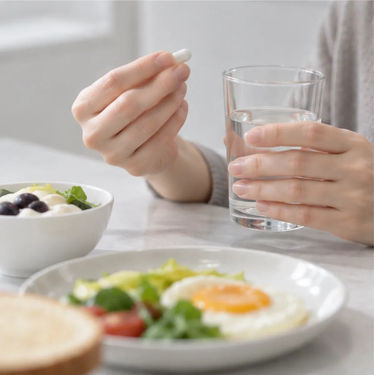 아침 식사 옆에서 물과 함께 알약을 드는 손의 모습 — 리셋치과의원