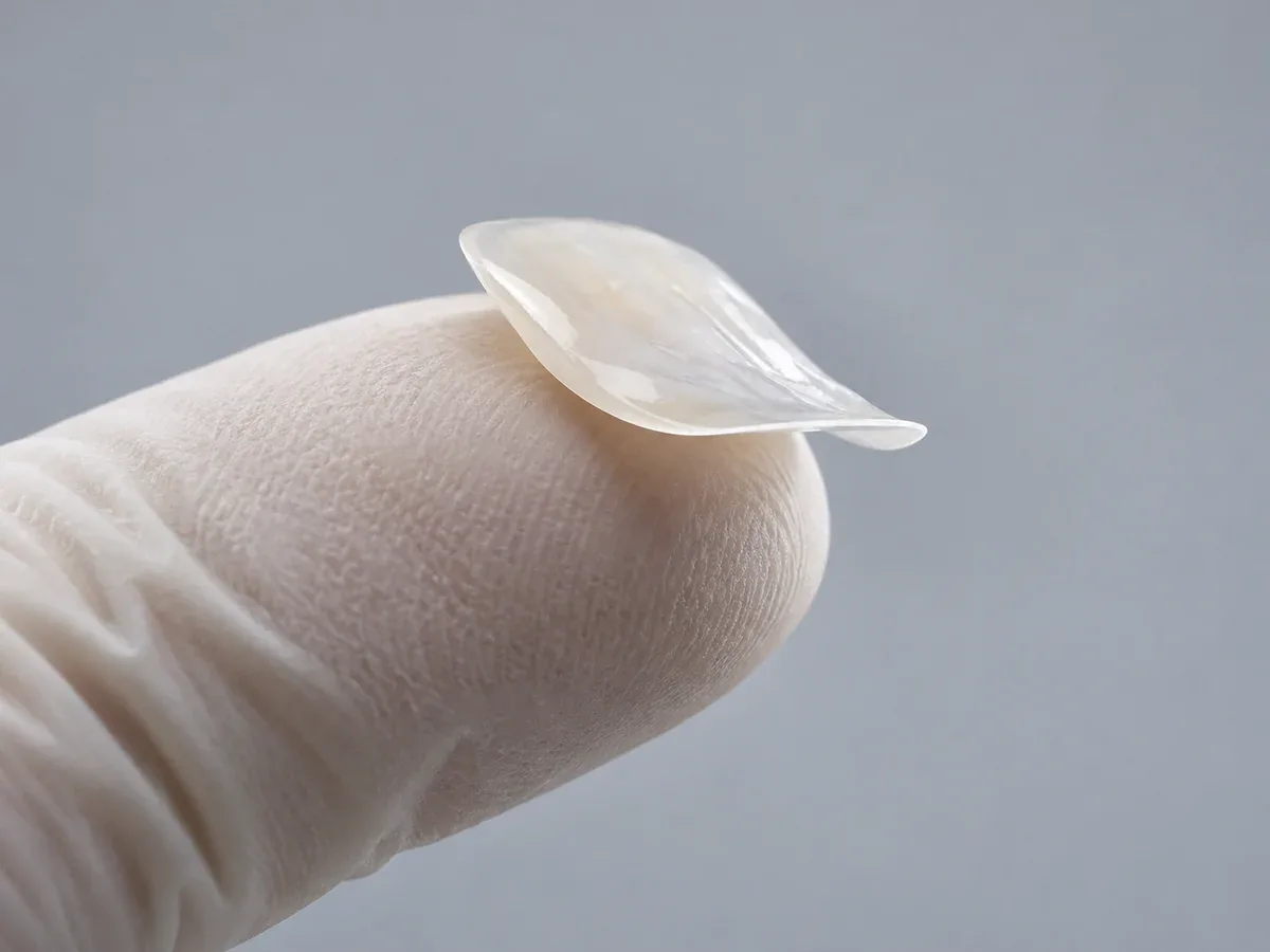 얇은 치아색 세라믹 판 한 장을 장갑 낀 손가락 끝에 올려 두께를 보여 주는 매크로 사진 — 리셋치과의원