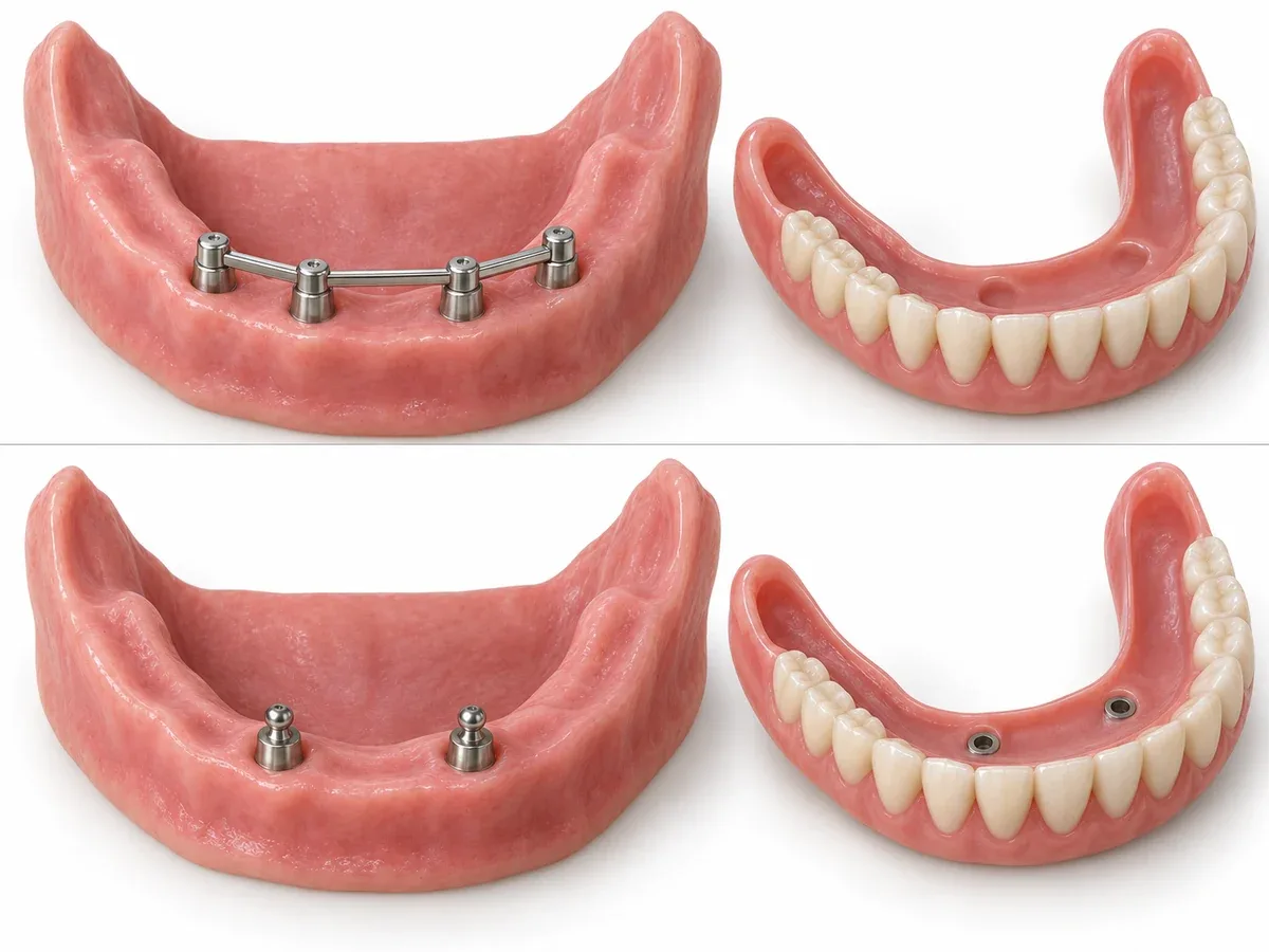 Joined with a bar, or held by a separate attachment on each implant.
