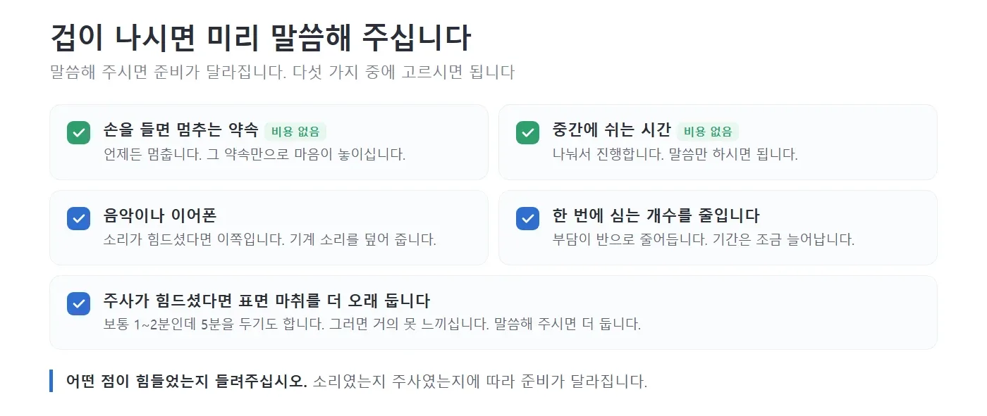 겁이 날 때 할 수 있는 다섯 가지를 네모 칸에 나누어 적어 놓은 그림. 손을 들면 멈추는 약속과 중간에 쉬는 시간에는 비용이 들지 않는다고 표시돼 있고 음악, 개수 줄이기, 표면 마취를 더 오래 두기가 함께 적혀 있는 모습 — 리셋치과의원