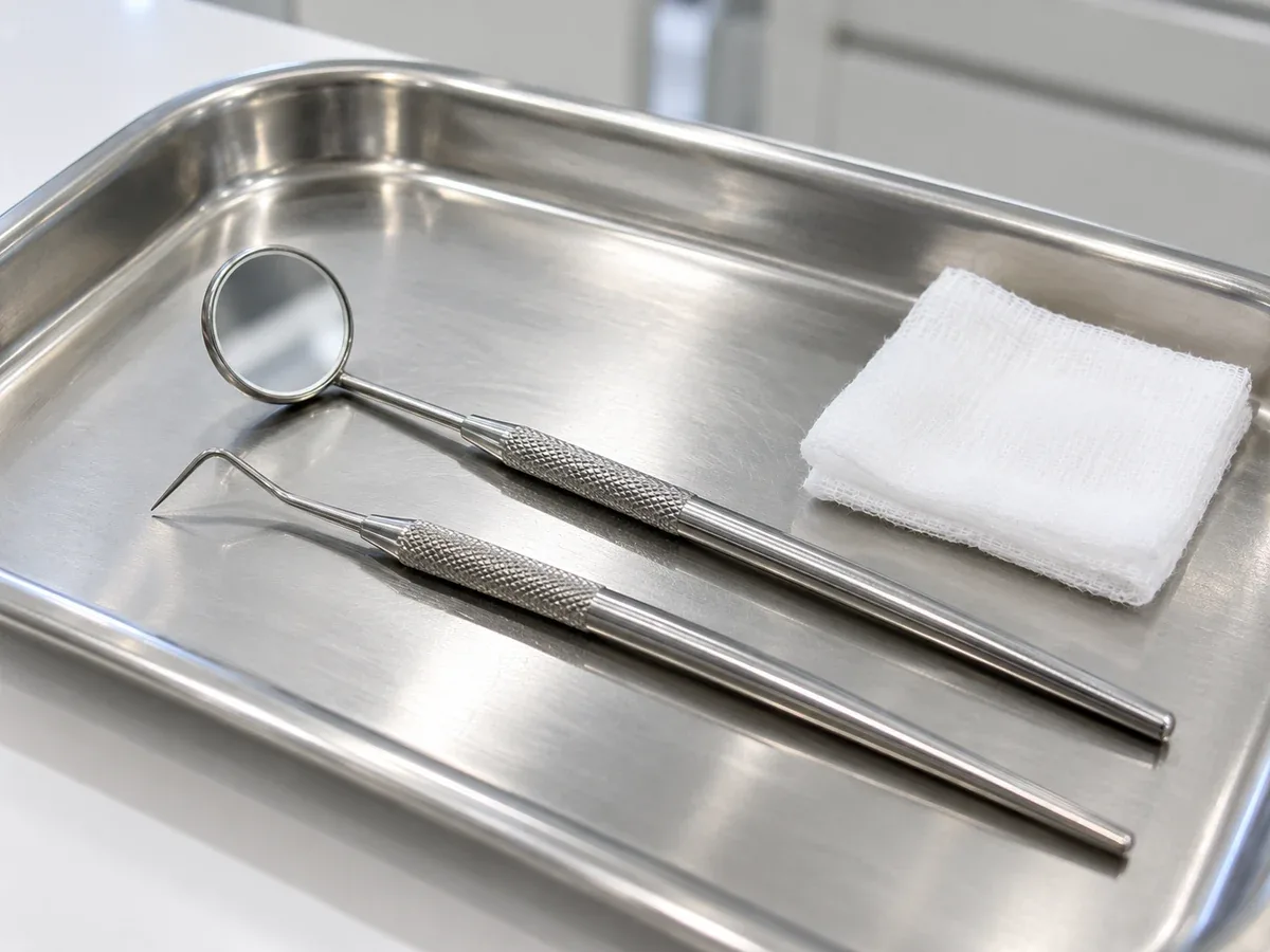 A thin instrument checks gum depth and bleeding.
