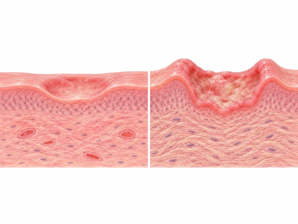 입안 점막의 상처를 세로로 자른 단면을 왼쪽과 오른쪽 두 칸에 나란히 그려 비교한 그림. 왼쪽 칸은 파인 자리가 얕고 바닥이 고르며 가장자리가 주변 점막과 같은 높이로 완만하게 이어져 새 조직이 덮여 들어오는 모습, 오른쪽 칸은 같은 크기의 자리인데 가장자리가 주변 점막보다 두껍게 솟아올라 둔덕처럼 말려 있고 바닥이 울퉁불퉁하며 아래쪽 조직이 단단하게 뭉쳐 깊이 파고들어 경계가 불분명한 모습 — 리셋치과의원