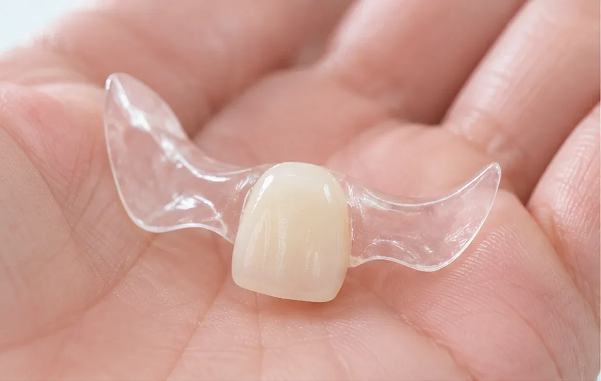 투명한 얇은 판에 앞니 한 개가 붙어 있는 빼고 끼우는 임시 장치를 손바닥 위에 올려 둔 모습을 가까이 찍은 사진 — 리셋치과의원