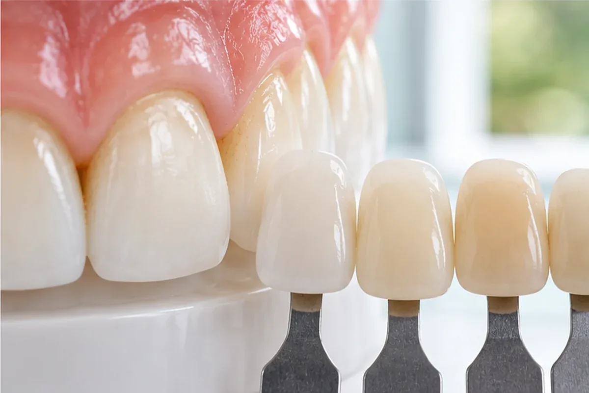 창가의 자연광 아래에서 치아 모형 앞니 옆에 색 견본을 대어 색을 비교하는 모습을 가까이 찍은 사진 — 리셋치과의원
