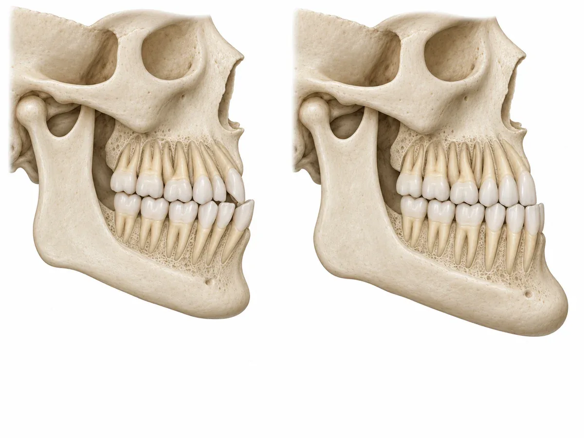 Side-view skeleton drawings comparing normal jawbones with tilted teeth and a lower jaw that itself sits forward — Reset Dental Clinic