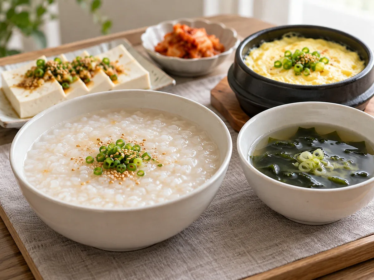 흰 그릇에 담긴 죽과 수프, 두부, 달걀찜이 함께 놓인 정물 사진 — 리셋치과의원