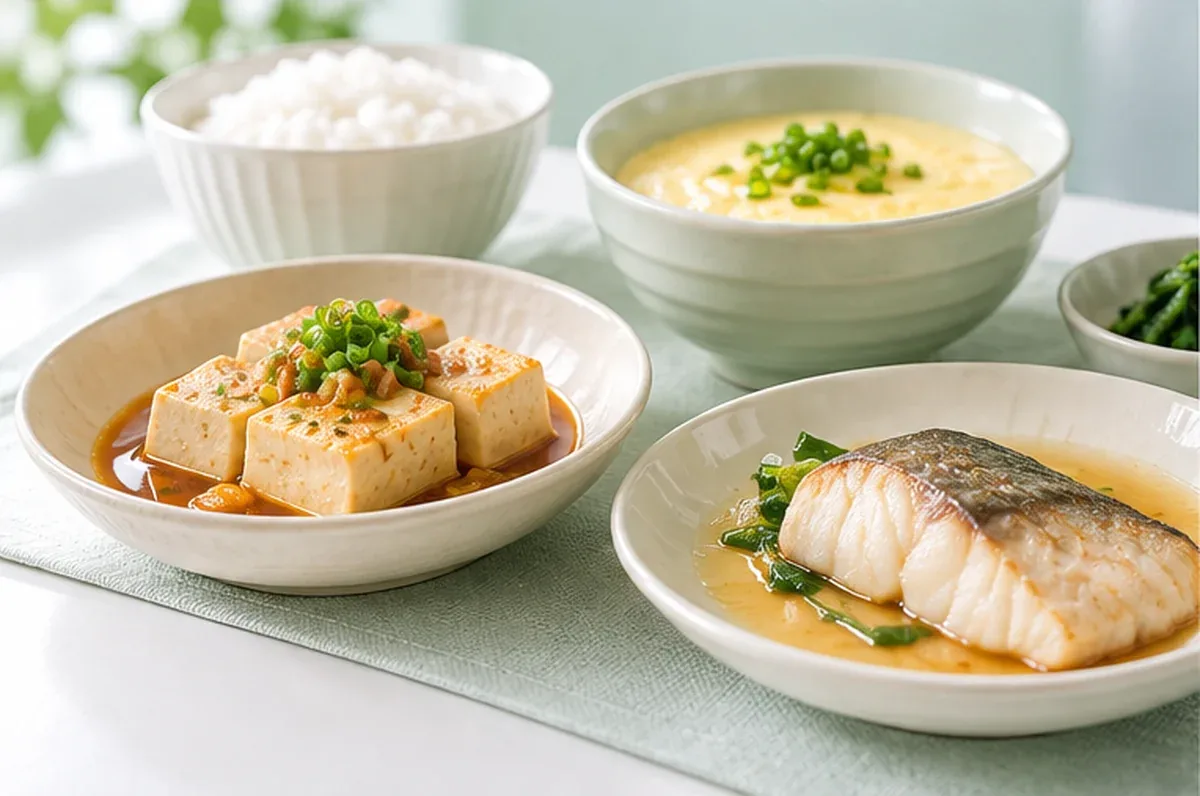 식탁 위에 두부조림, 계란찜, 부드럽게 익힌 생선이 담긴 그릇이 놓인 모습을 가까이 찍은 사진 — 리셋치과의원