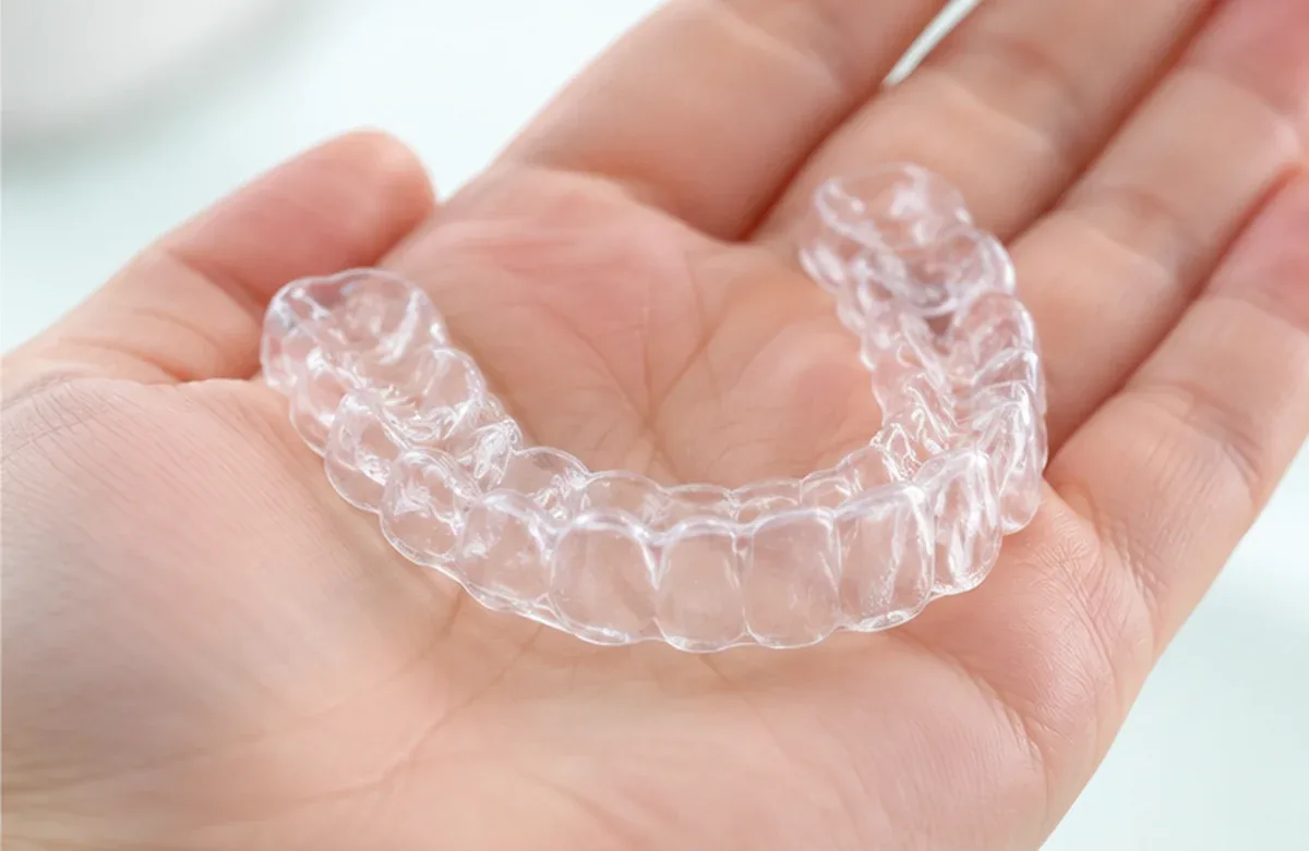 투명하고 얇은 밤 장치를 손바닥 위에 올려 두께를 보여 주는 모습을 가까이 찍은 사진 — 리셋치과의원