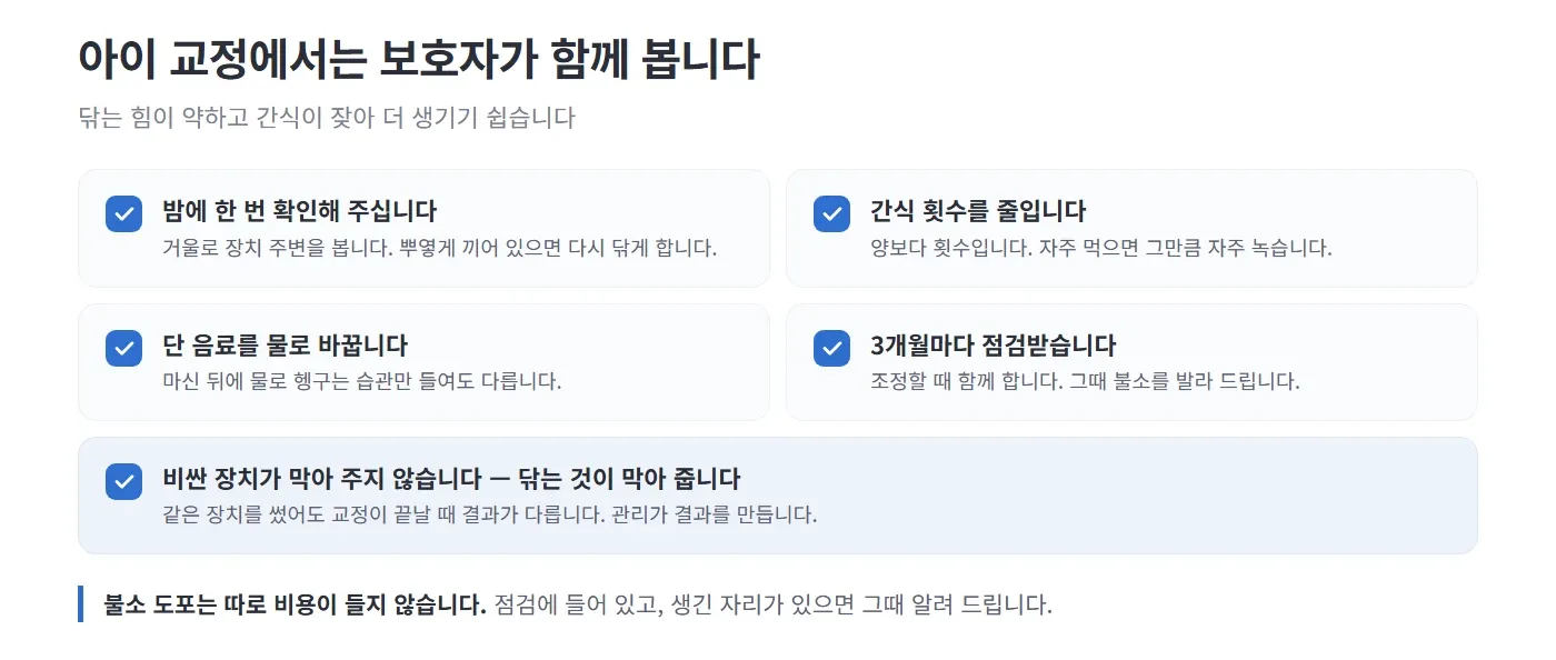 아이 교정에서 보호자가 함께 볼 것을 네모 칸에 나누어 적어 놓은 그림. 밤에 한 번 확인하기, 간식 횟수 줄이기, 단 음료를 물로 바꾸기, 3개월마다 점검받기를 적고 비싼 장치가 아니라 닦는 것이 막아 준다고 넓은 칸으로 강조한 모습 — 리셋치과의원