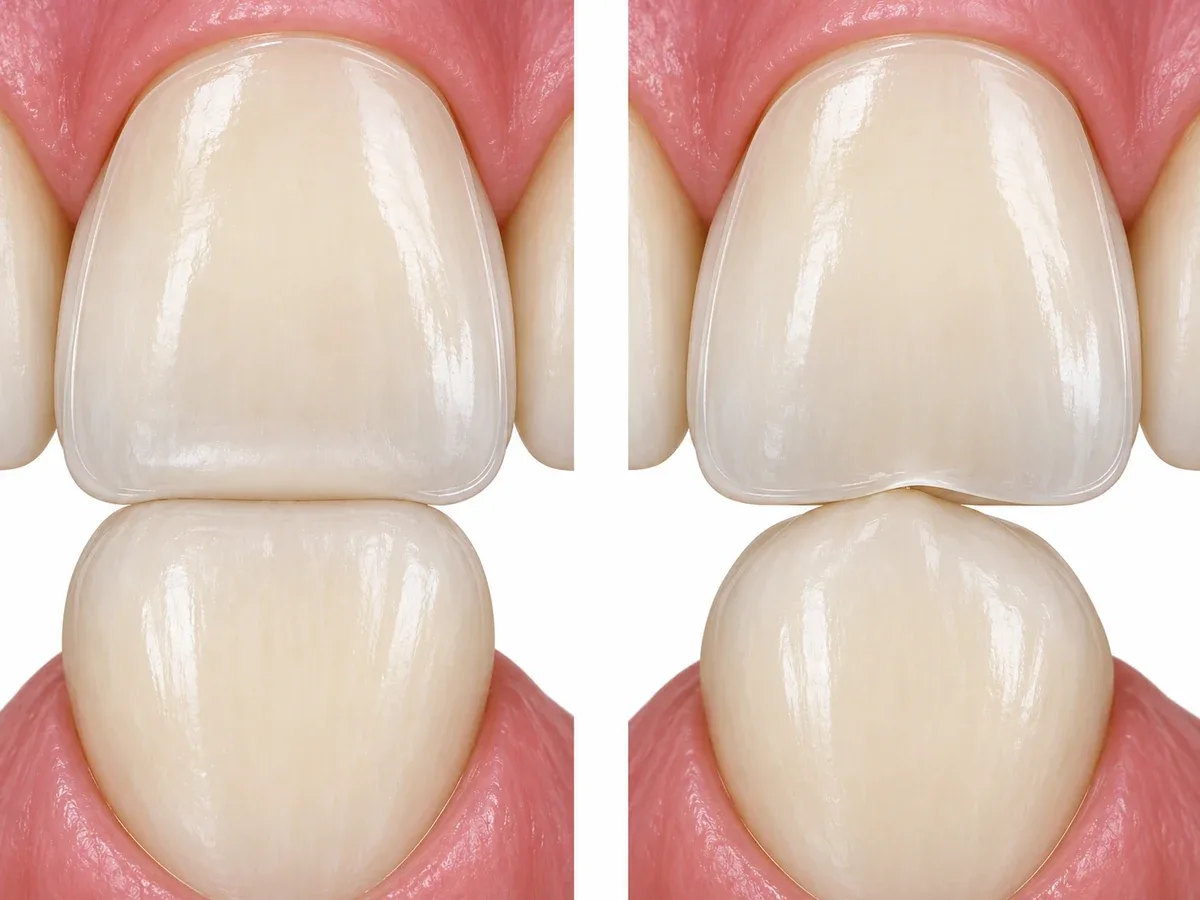 Two side cross-sections of an upper front tooth with a thin shell on its front surface: on the left, the lower tooth edge touches the inner surface in several places and the force spreads out; on the right, it touches one narrow point at the edge where the shell ends, pressing the shell edge so it lifts slightly — Reset Dental Clinic