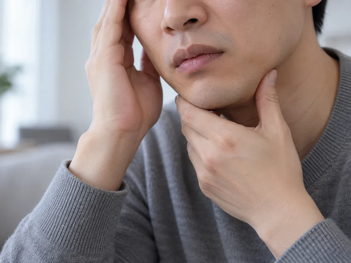 한 손은 관자놀이를 다른 손은 턱을 짚고 있는 모습 — 리셋치과의원