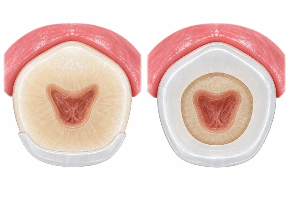 Two cross-sections of an upper front tooth seen from the biting edge. On the left, most of the natural tooth remains, with a very thin band added to the lip side. On the right, the natural tooth has shrunk evenly on all sides into a small island, surrounded by a thick ring-shaped shell, with the same outer size as the left.