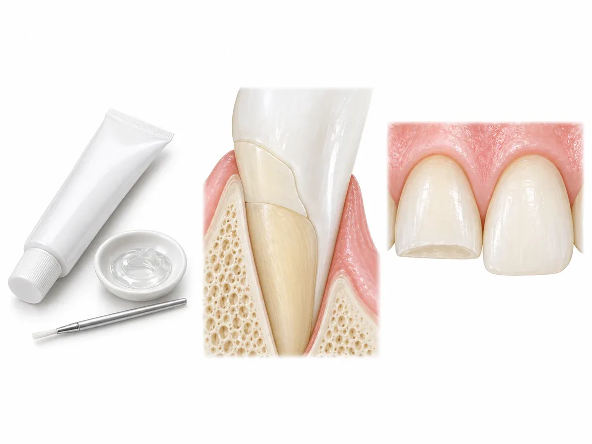 Three scenes on a tooth model showing the steps of care for sensitive teeth: toothpaste and coating, filling a notch and restoring shape — Reset Dental Clinic