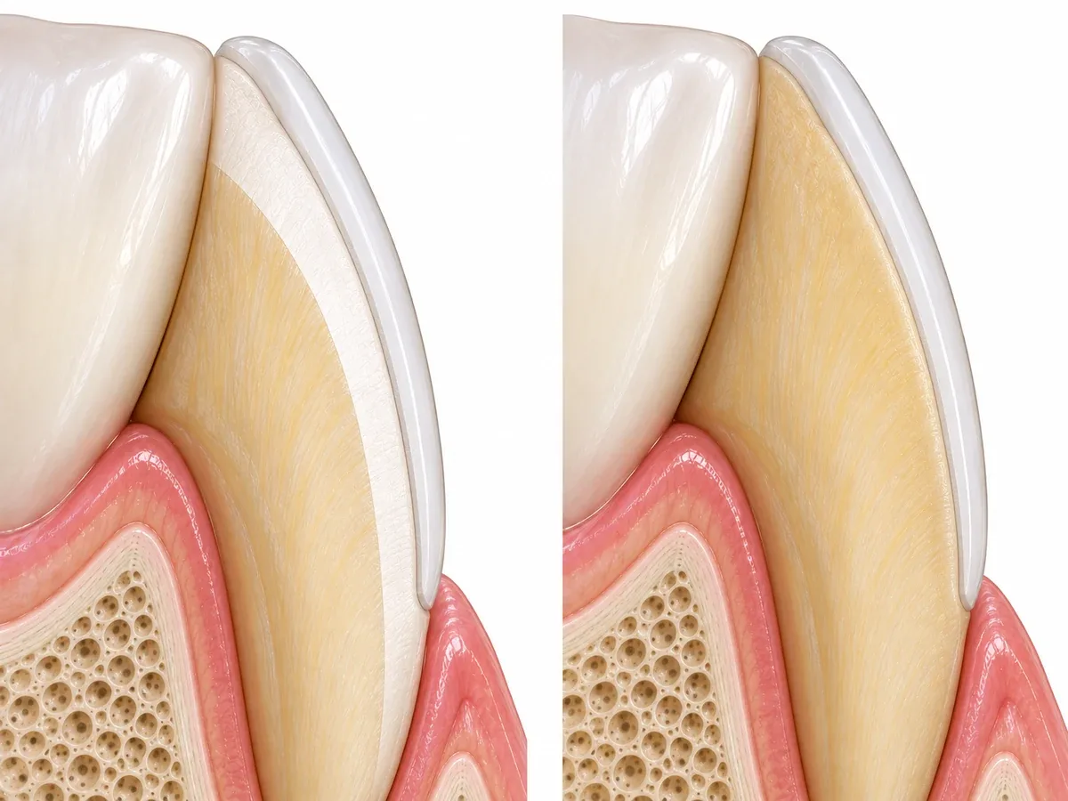 Two cross-sections of an upper front tooth. On the left a thin shell sits on a remaining layer of bright enamel; on the right the enamel has been removed, exposing more yellow dentin under a shell of the same thickness.