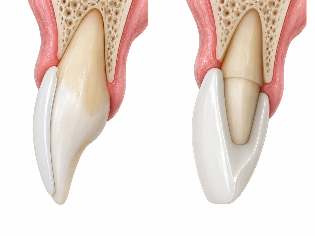 Two side cross-sections of the same upper front tooth. On the left, the lip-side surface is shaped very thinly and covered by a paper-thin shell, while the tongue side and biting edge keep their natural surface. On the right, the front, back and tip are all shaped inward, leaving a narrower core wrapped by a thick shell from the top down to the gum line. The roots and bone are drawn the same in both.