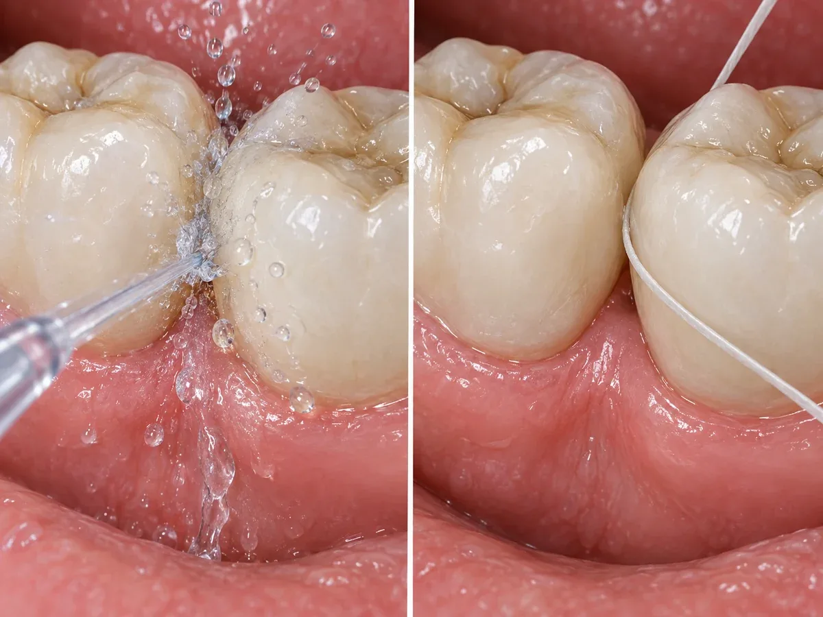 Tia nước đi xuyên qua kẽ, còn chỉ nha khoa chạm vào mặt bên của răng.