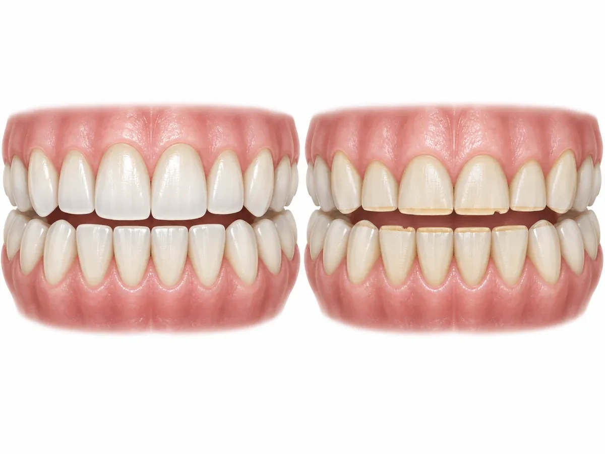 Normal front teeth and molars with defined edges, side by side with front teeth and molars worn flat — Reset Dental Clinic